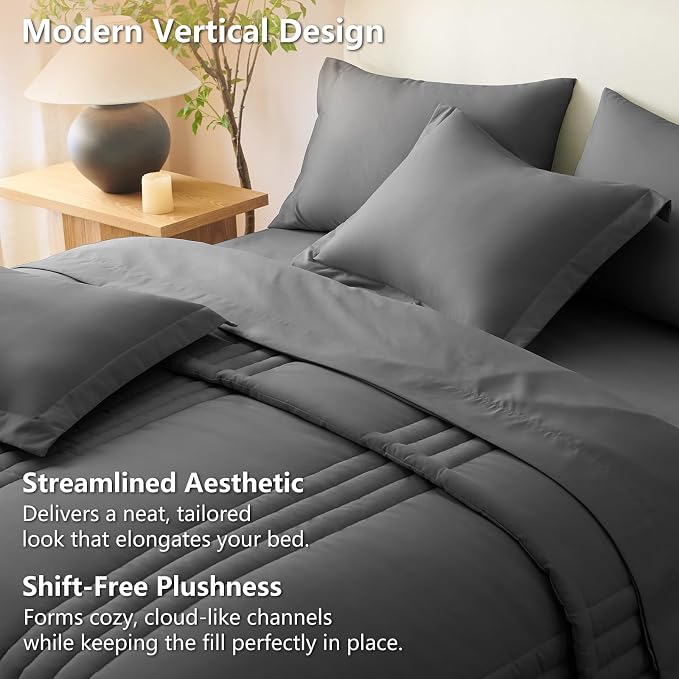 Twin XL Comforter Set Dark Grey - 5 Pieces Complete Bedding Set | College Dorm Essentials, OEKO-TEX Certified, 240GSM Down-Alternative Comforter, 14" Deep-Pocket Sheets, Sham & Pillowcase