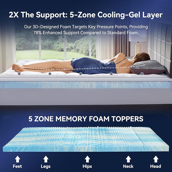Dorm Room Essentials Dual Layer 4 Inch Memory Foam Mattress Topper Twin XL, 2 Inch Cooling Gel Memory Foam and 2 Inch Soft Pillow Top Mattress Pad Cover Back to School