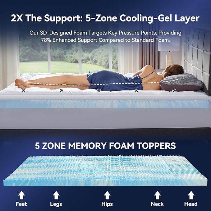 Dual Layer 4 Inch Memory Foam Mattress Topper Queen, 2 Inch Cooling Gel Memory Foam and 2 Inch Soft Pillow Top Mattress Pad Cover for Back Pain Relief, with Elastic 21" Deep Pocket