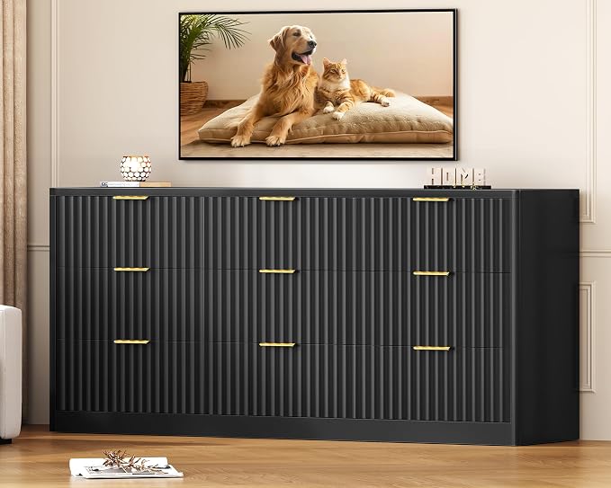 Fluted Dresser for Bedroom with 9 Drawers, 63" Wide Modern Chest of Drawers with Metal Handle & Curved Profile Design, Wood Closet Clothes Storage Organizer for Living Room, Hallway, Black
