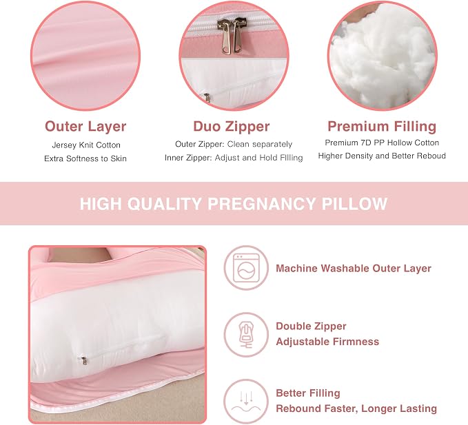 ALLOPERA Pregnancy Pillow, Full Body 57 Inch Maternity Pillow with Removable Washable Cover - Sleep Support for Legs, Back, Neck, Shoulder, HIPS, Belly for Pregnent Women, Pink Milk Fiber Cover