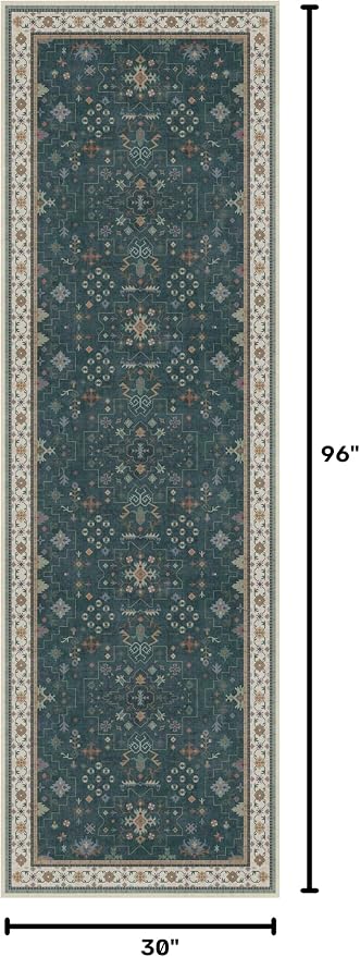 Dark Green Washable Kitchen Runner Rug, 2'6"x8' Wide & Long Non-Slip Rubber Backing Runner for Hallways, Stain Resistant Rugs for Entryway