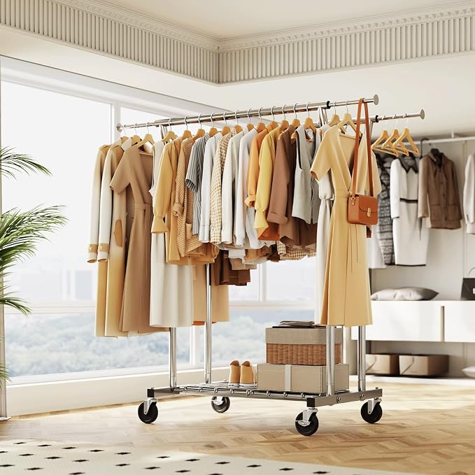 HYSEYY Heavy Duty Clothes Rack, Rolling Clothing Rack for Hanging Clothes with Shelves Load 700LBS,Portable Garment Wardrobe Closet Rack with Wheels for Bedroom,Laundry Room,Retail Store,Silver