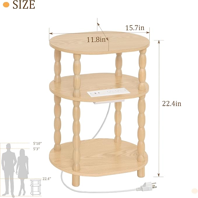 MaxSmeo End Table with Charging Station, Small Oval Side Table for Small Spaces, Modern Accent Table Night Stand with Charging Station for Living Room, Bedroom, Natural