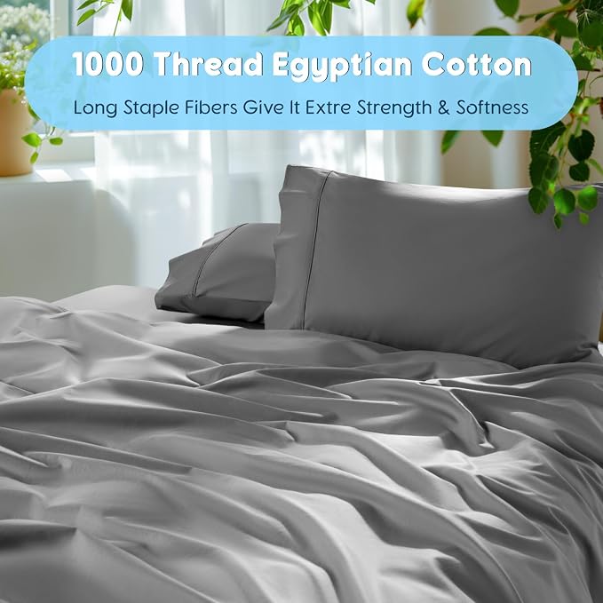 SONORO KATE 1000 Series 100% Egyptian Cotton Cal King Sheet Set,4 Pieces | Soft,Breathable Long Staple,Sateen Weave,Luxury 5-Star Hotel Bed Sheets,16" Deep Pocket,Grey