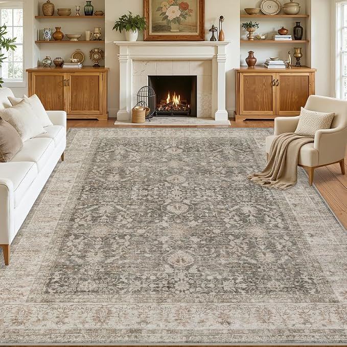 Area Rugs 9x12 Living Room: Bedroom Washable Carpet Warm Taupe | Large Vintage Boho Indoor Decor Neutral Soft Nursery Farmhouse Dining Room Office Floor Non-Slip Low Pile Under Table Rug