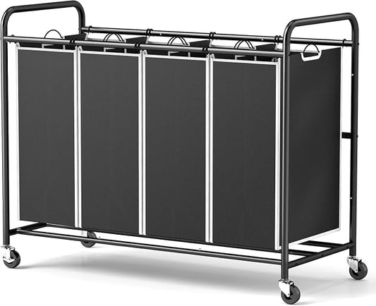 ROMOON Laundry Hamper Sorter Cart, 4-Section Organizer with Lockable Wheels | Heavy-Duty 180L Rolling Laundry Basket with Removable Bags for Dirty Clothes in Laundry Room or Small Spaces, Black