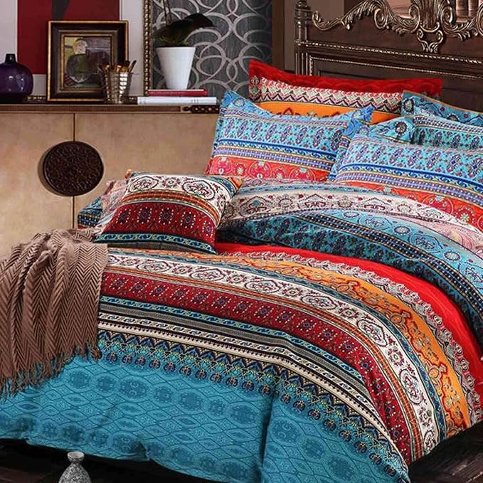 Bohemian Queen Comforter Set Soft Chic 3 Pieces Bedding Boho Comforter Set Lightweight Exotic Red Teal Mandala Colorful Vintage Comforter Bed Set for All Seasons