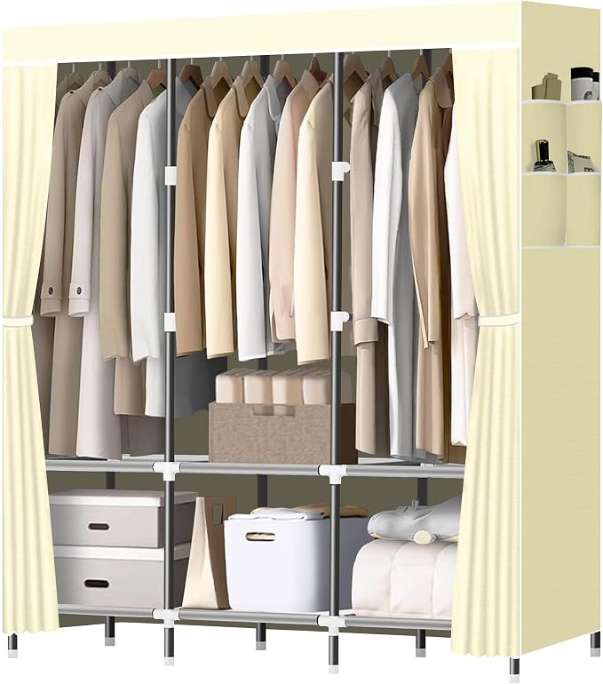 LOKEME Wardrobe Closet,Steel Pipe Diameter 19mm,Portable Closet for Bedroom | Strong and Sturdy Portable Closets for Hanging Clothes with 3 Hanging rods, 6 Storage Shelves and Side Pockets