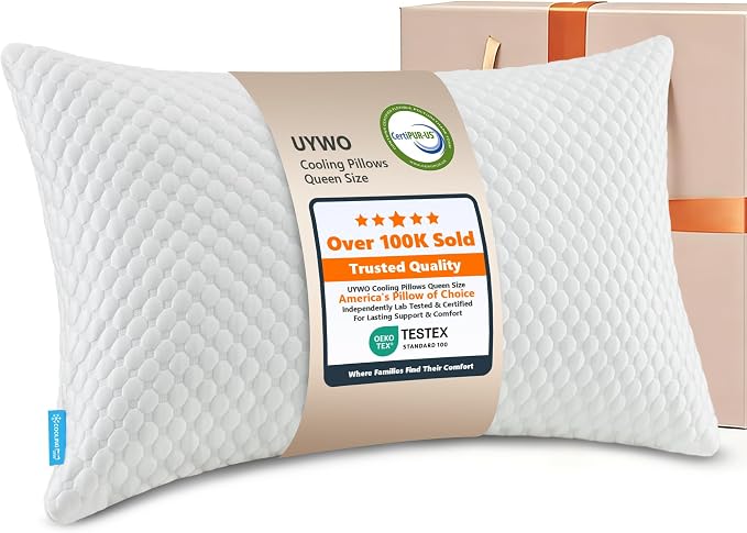UYWO Cooling Shredded Memory Foam Bed Pillows Queen Size 1 Pcak | Firm/Soft Cooling Bed Pillows for Side/Back/Stomach Sleepers, Ergonomic Neck Support Pillow