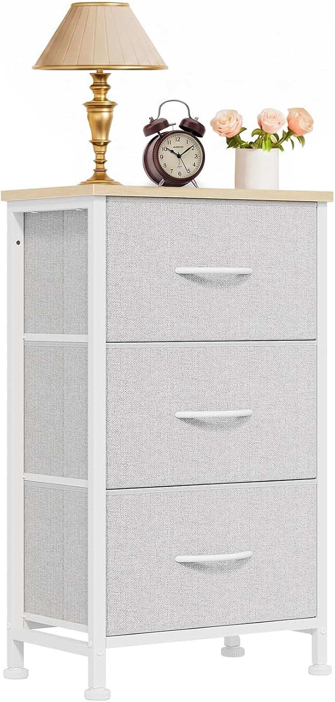 3 Drawers Dresser for Bedroom Fabric Storage Tower with Wooden Top | Steel Frame Chest of Drawers for Closet Entryway Dorm and Small Spaces, Light Gray