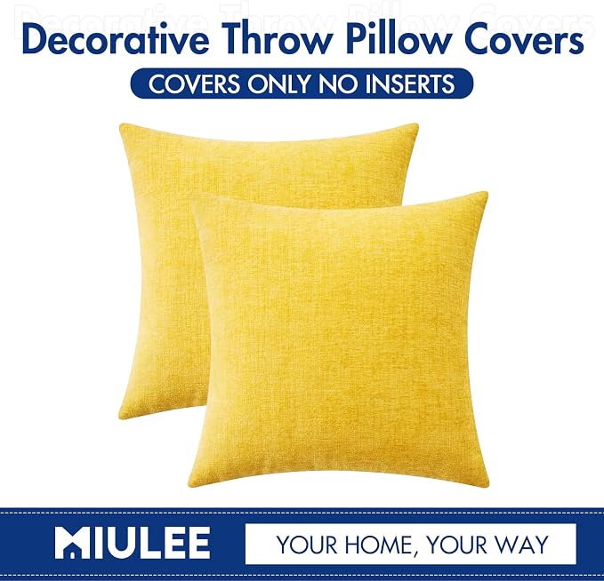 MIULEE Soft Chenille Throw Pillow Covers Yellow 18x18 Inch Pack of 2 | Modern Home Decor, Classic Decorative Pillows, Solid Dyed Cases, Boho Couch Cushion Covers for Sofa Bed Living Room