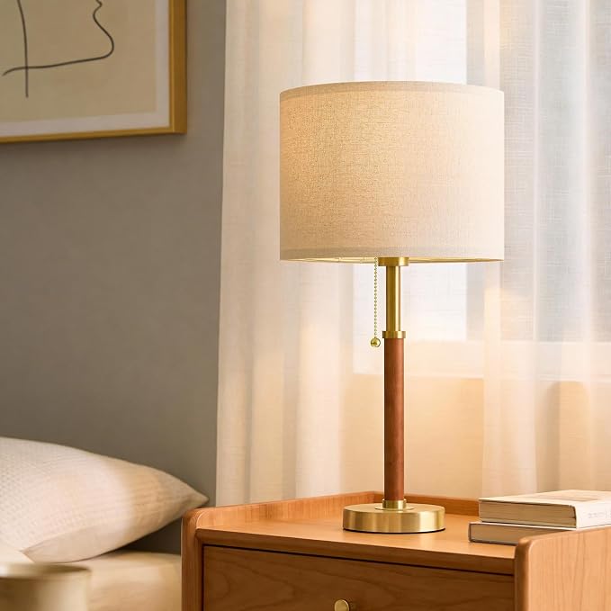 22" Wood Table Lamps Mid Century Modern Lamp for Bedroom Living Room | Bedside Lamps for Night Stands Nightstand Lamp with Pull Chain Gold Small Side End Table Lamps Set of 2 Vintage Deco Gifts