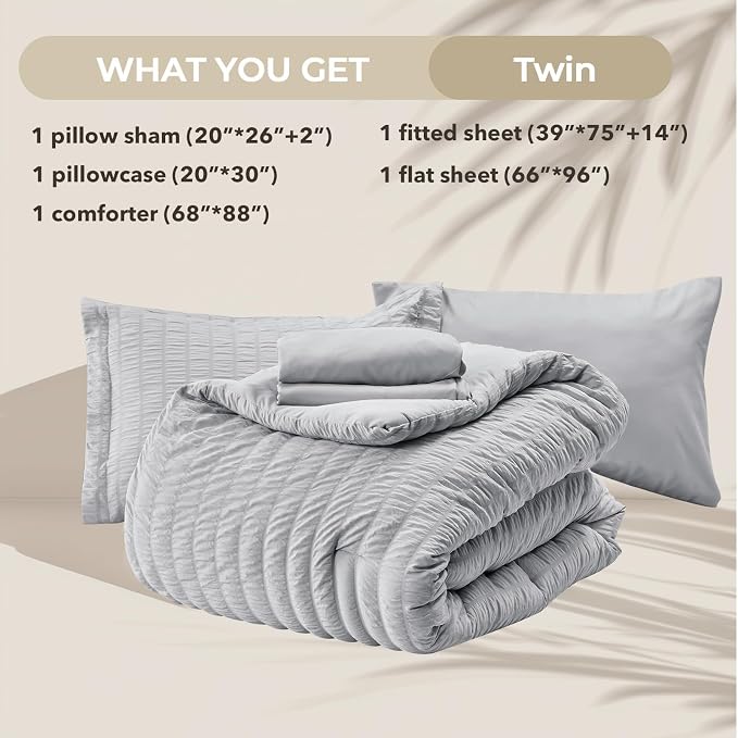 HYMOKEGE Light Grey Twin Comforter Set Seersucker 5 Pieces, All Season Luxury Bed in a Bag for Bedroom, Bedding Set with Comforters, Sheets, Pillowcase & Sham