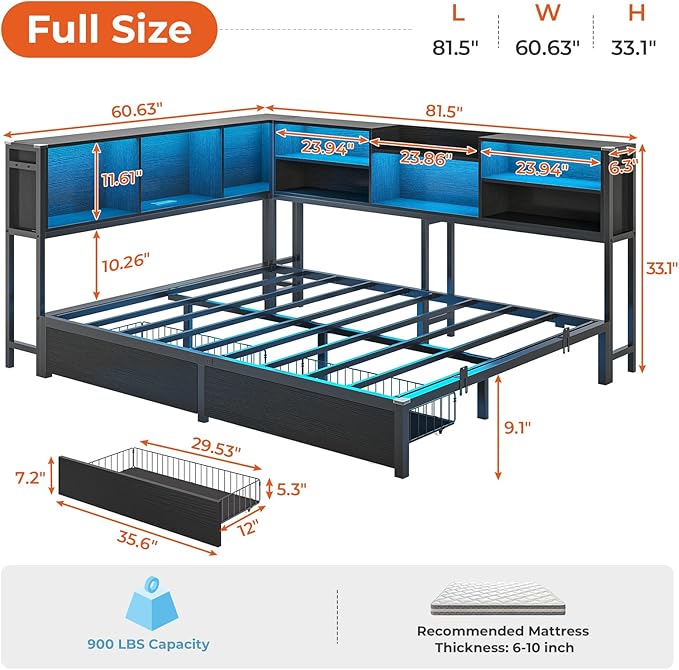 DICTAC Full Corner Bed Frame with Storage Bookcase and Led Lights Metal Platform Corner Bed Frame with 2 Drawers and Charging Station Modern Full Size Daybed with Storage for Kids/Teen/Adult,Black