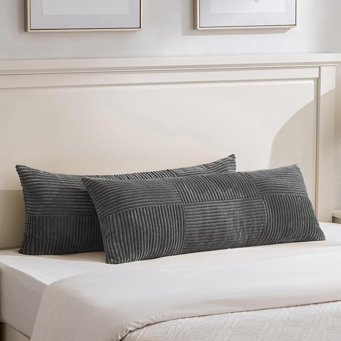 Fancy Homi Set of 2 Dark Gray Boho Long Lumbar Body Decorative Throw Pillow Cover 14x36 Inch for Bed Couch Bedroom Bench, Soft Patchwork Corduroy Textured Pillow Case, Rustic Farmhouse Room Décor