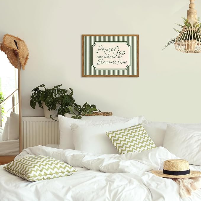 Framed Christian Scripture Wall Art, Bible Verse Pictures Wall Decor, Sage Green Striped Praise God From Whom All Blessings Flow Paintings Canvas Prints Religious Home Decor for Living Room 16x24 inch