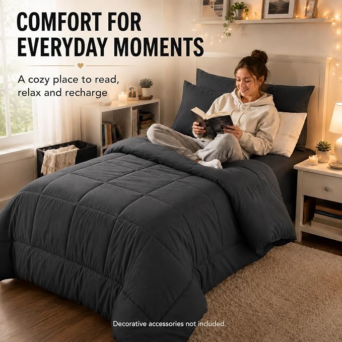 Twin Comforter Set Dark Grey - 5 Pieces Bed in a Bag | OEKO-TEX Certified, All-Season, Student, Single, Dorm, Down-Alternative Comforter, Flat & Fitted Sheets, 2 Pillowcases