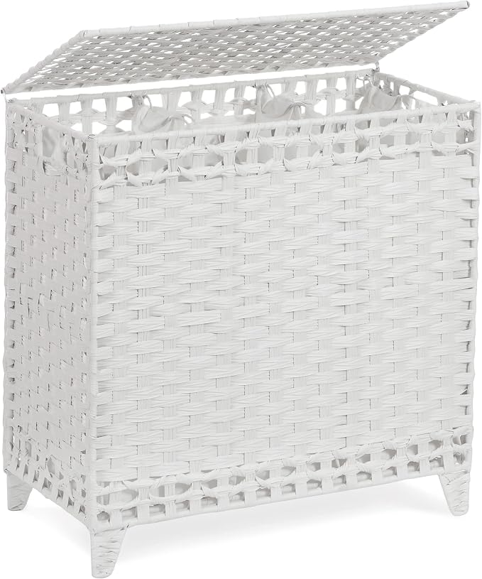 Laundry Hamper with 3 Removable Liner Bags, 132L Laundry Sorter with Lid | Raised Feet; Side Carry Handles; Handwoven PP Rattan; Rust-Resistant Iron Frame; Decorative Woven Design