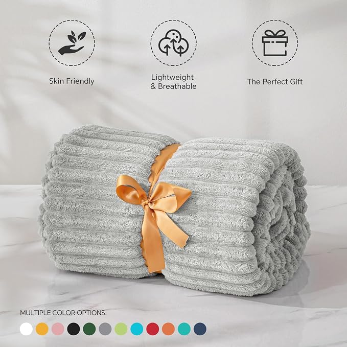 BEDELITE 3D Ribbed Light Grey Fleece Twin Blanket for Couch, 60x80 Inch | Soft Warm Fluffy Throw Blanket for Bed Sofa College Dorm Room Decor, Luxury Cozy Plush Gifts for Women Girls, Lightweight