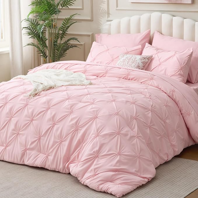 BEDELITE Queen Comforter Set Baby Pink,Lightweight & Soft Comforter | 7 Pc Boho Bed in a Bag,Warm & Cute Bed Set for All Season,Includes Comforter,Flat & Fitted Sheets,2 Pillowcases & 2 Shams