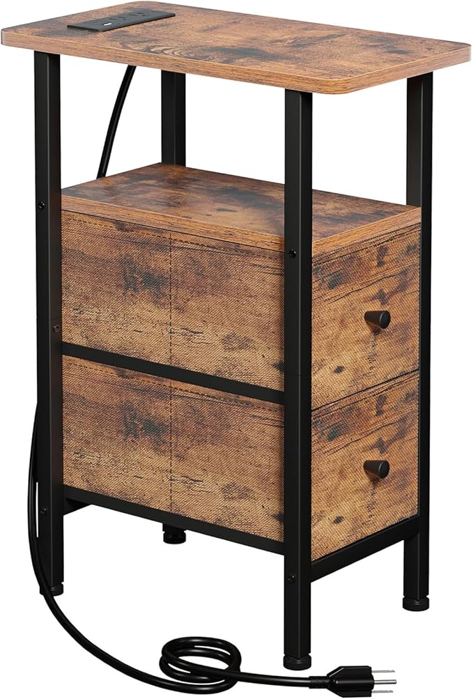 LOAKEKEL Narrow End Table with Charging Station, Small Nightstand | Skinny Side Tables Living Room with 2 Fabric Drawers, Slim Bedside Table for Bedroom, Small Spaces, Couch, Rustic Brown