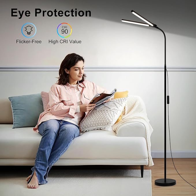 LED Floor Lamp, 18W/2000LM Bright Reading Floor Lamp for Office with Double Head, Adjustable Gooseneck Dimmable Modern Standing Light for Lash Extension Craft, Eye Caring Floor Lamps for Living Room