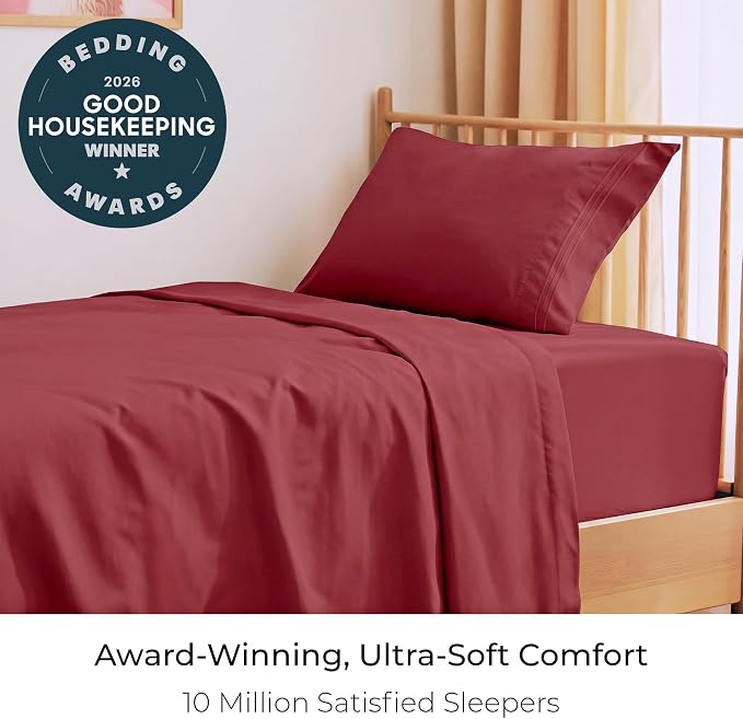 Mellanni Iconic 3-Piece, Ultra Soft Sheet Set (Twin XL, Brick Red) | 10M+ Sleepers. Lab-tested: Sleeps Cool, Stays Bright, Strong, Smooth. Good Housekeeping Best Bedding, 7 yrs running.
