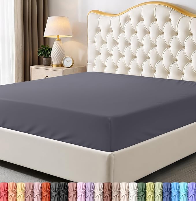 California King Fitted Sheet, Ultra Soft Fits Up to 16" Deep Pocket, Grey | Hotel Comfort, Cooling & Breathable Cotton like Polyester, Easy Fit, Wrinkle & Fade Resistant, Snug Fit, Easy Care, Oeko-Tex