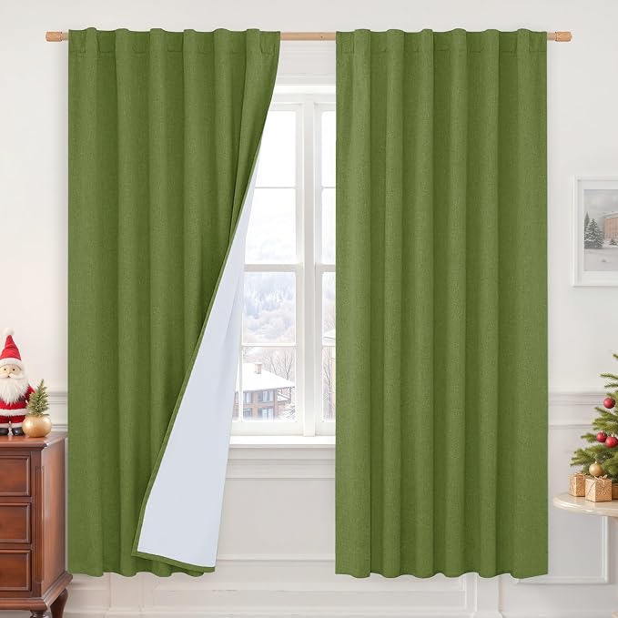 72 Inch 100% Blackout Linen Curtains for Living Room with White Liner | Sage Green, Linen Textured, Thermal Bedroom Curtains, Privacy Christmas Drapes, Rod Pocket Back Tab, 2 Panels, 52 x 72 Inch