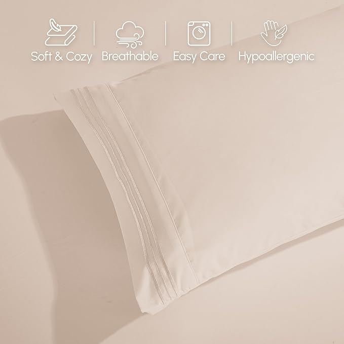 Elegant Comfort Luxurious 1500 Premium Hotel Quality Microfiber Three Line Embroidered Softest 4-Piece Bed Sheet Set, Wrinkle and Fade Resistant, Twin/Twin XL, Cream