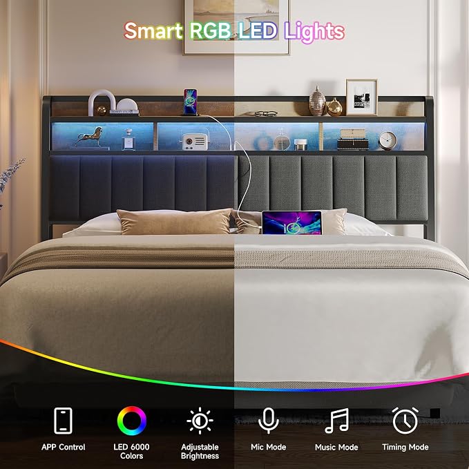 ComfyCorner King Size Headboard with Storage & LED Light, Black & Brown | Upholstered Ergonomic Head Board with Power Outlets & 2-Tier Storage, King Headboard Only, Bed Frame Mounting, Heavy Duty