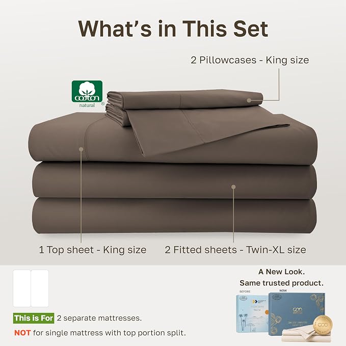 California Design Den 100% Cotton Sateen Split King Bed Sheets, 5 Pcs Set | 500 Thread Count with Good Housekeeping Seal, Split King Sheets Sets for Adjustable Bed with 2 Separate Twin-XL Mattresses
