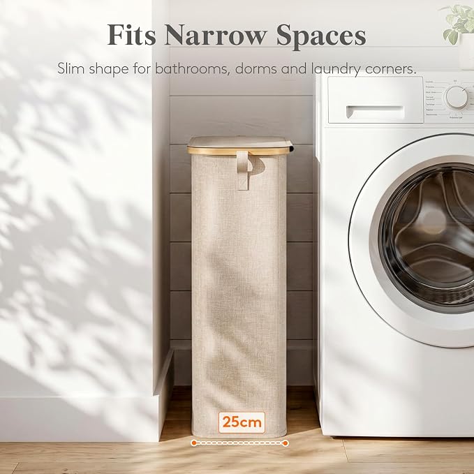 Lifewit 75L Slim Laundry Hamper with Lid, Narrow Laundry Basket with Removable Bag & Bamboo Handles, Fodable Thin Dirty Clothes Hamper for Laundry Collapsible Bin for Bathroom Bedroom Dorm, Beige