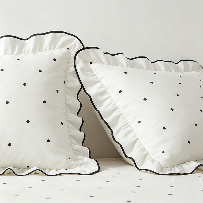 Nayoroom Polka Dot Duvet Cover Queen Size Elegant White Ruffle Duvet Cover 3 Pieces Soft Breathable Microfiber Cute Princess Black Dot Bedding Set