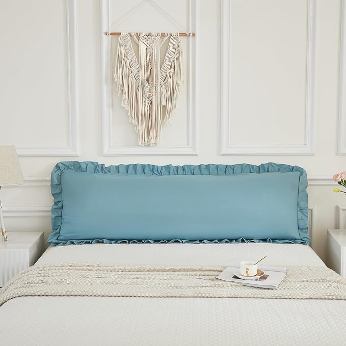 Dusty Blue Body Pillow Cover 20x54inches Long Pillowcase Ruffled Fringe Decor Sham Cute Pillowcase (1 Body)