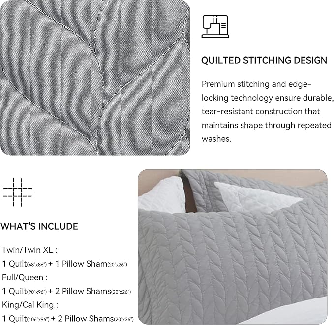 SunStyle Home Queen Quilt Bedding Set, Lightweight Bedspreads,Light Grey | Soft Coverlet With 2 Pillow Shams,Morden Style Quilts for All Season, Suitable for Bed,Couch,Bedroom,Guest Room,90"X96"