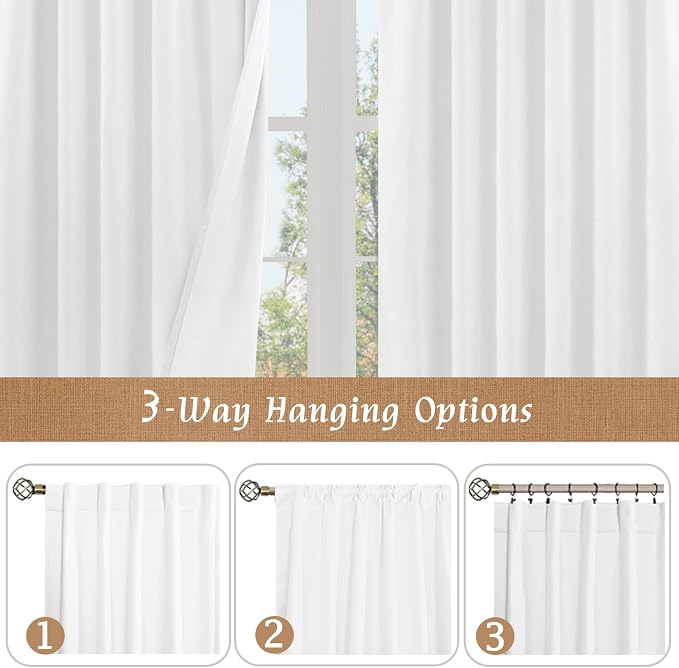 White 100% Blackout Linen Bedroom Curtains 72 Inches 2 Panels | Neutral Curtains for Living Room, Farmhouse, Full Room Darkening Panels, Rod Pocket Back Tab, with White Liner, 52 x 72 Inch
