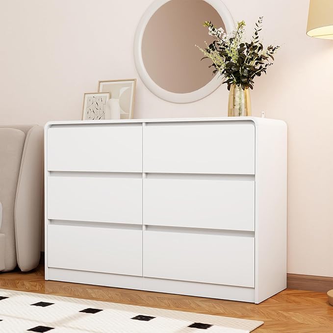 Vibe & Dine White 6 Drawer Dresser for Bedroom, Modern Wooden Dressers & Chests of Drawers with Arc Edge Design, 47" Wide Dresser for Closet, Living Room, Entryway