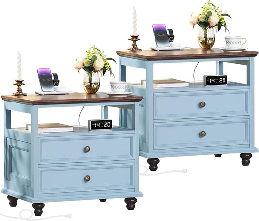 Joaxswe Farmhouse Nightstand Set of 2 with Charging Station, 24" Wide End Table with 2 Drawers, Dresser Cabinet for Bedroom,Bed Side Table Chest of Drawers,Light Blue Night Stand for Living Room