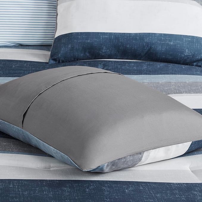 Madison Park Essentials Jaxon Full Size Comforter Set, Bed in A Bag Comforter & Sheet Set, Modern Casual Stripes Print, All Seasons, Soft Microfiber Bedding Makeover, Sham, Full, Blue/Grey 7 Piece