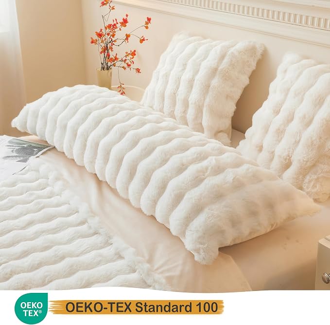 LIFEREVO Fluffy Faux Rabbit Fur Body Pillow Cover 20"x54", Beige | Luxury Bubble Shaggy Ivory Bed Pillowcase with Zipper Closure, Decorative Furry Long Pillow Case for Adults Kids Girls Teens
