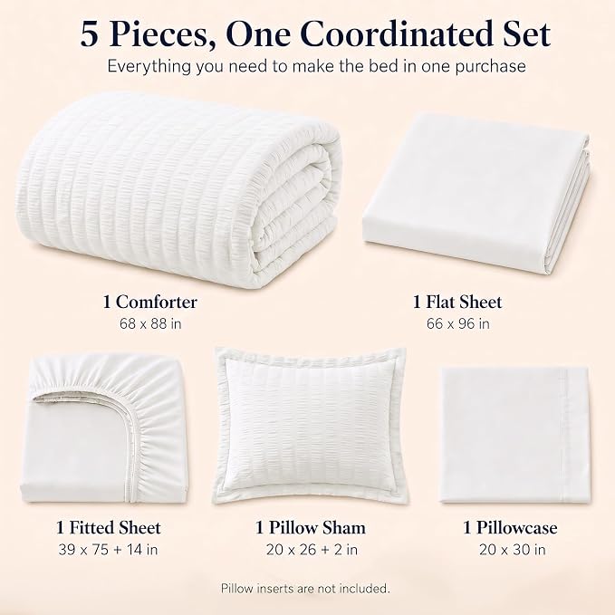 Twin Comforter Set, 5 Pieces White Seersucker Bed in a Bag | OEKO-TEX Certified, All Season Bedding Sets with 240 GSM Down Alternative Comforter, Flat & Fitted Sheets, Pillowcase & Sham