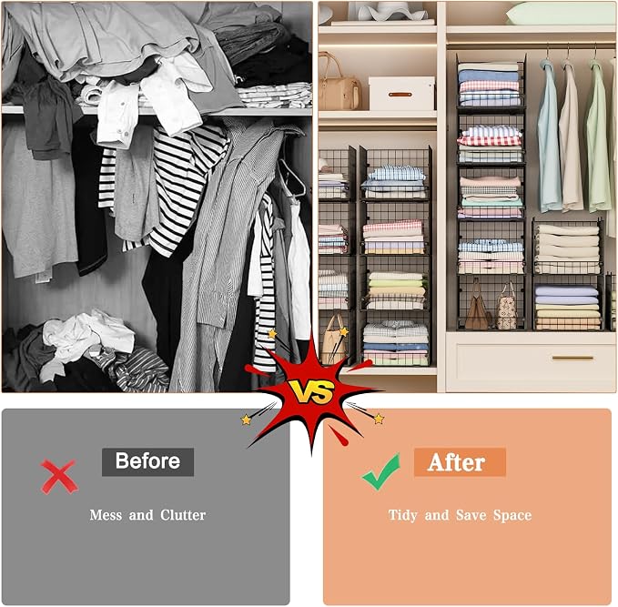 5-Tier Stackable Closet Storage Baskets, Closet Organizers and Storage Shelves, Foldable & Stackable Clothes Storage Bins for Closet System, Closet Shelf Organizer for Home,Black(Patent No. 30022416)