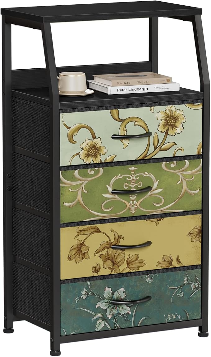 Furnulem Retro Small Dresser for Bedroom, Tall Nightstand with 4 Drawers | Vintage Dorm Fabric Bedside Table Side Furniture, Storage Organizer for Closet with Metal Frame, Wood Top, 2-Tier Shelf