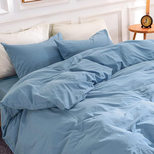 NEXHOME PRO Duvet Cover Set King Size 100% Washed Cotton Linen Look Textured Organic Natural 3 Pieces Bedding Set with Zipper Closure and Corner Ties, Breathable, Soft (Blue, No Comforter)