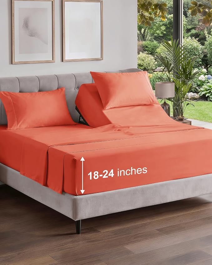 Flex Top Split Head King Sheet Set - 4 Piece Extra Deep Sheets - Coral | Easily Fits 18 to 24 inch Mattress, Ultra Soft, Wrinkle & Fade Free with Extra Deep Pockets, Comfy Hotel Luxury Bedding