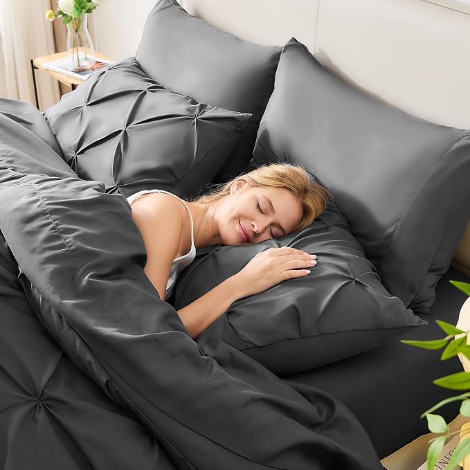 HIMEET Queen Comforter Set Dark Grey - 7 Pieces Pintuck Bed in a Bag | OEKO-TEX Certified, 240GSM Down Alternative Comforter, 14" Deep Pocket Fitted Sheet + Flat Sheet + 2 Pillowcases + 2 Shams