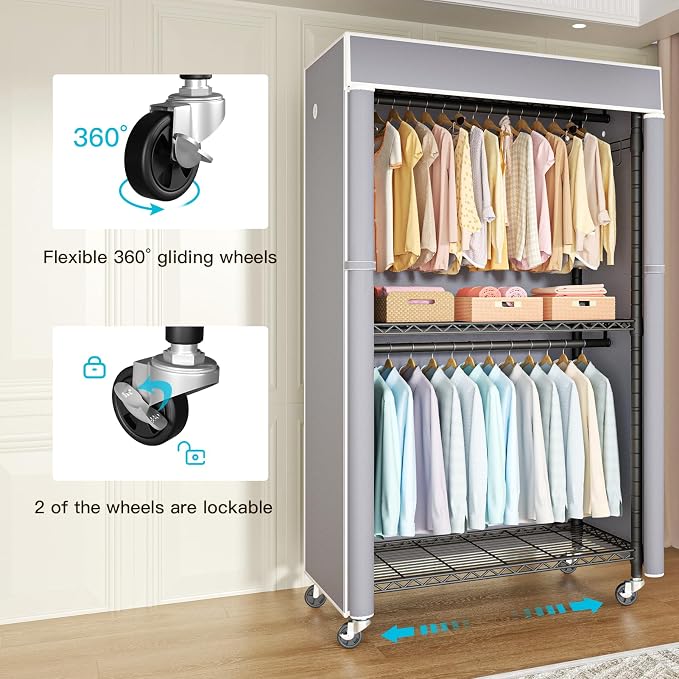 FUTASSI Black Clothing Rack with Grey Cover, P1C Rolling Closets | Metal Garment Rack for Hanging Clothes, Clothing Storage Wardrobe, with Wheels