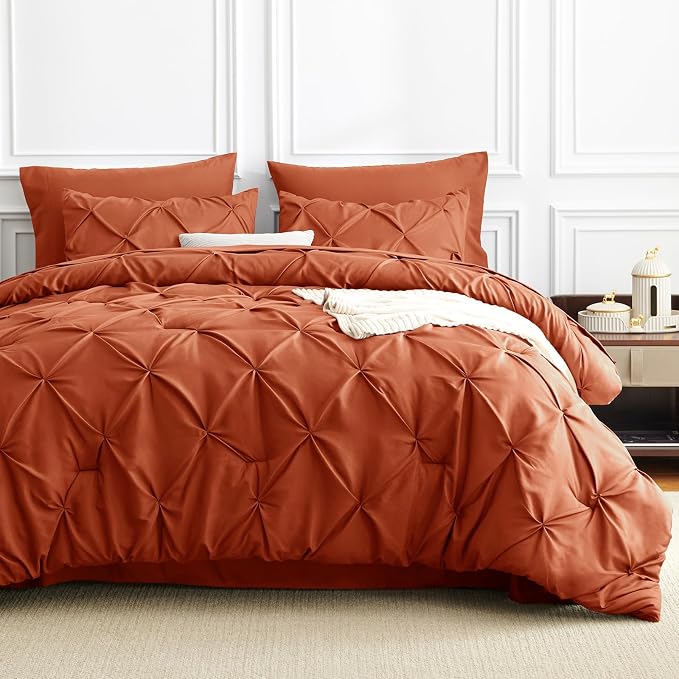 HIMEET King Size Comforter Set Burnt Orange - 7 Pieces Pintuck Bed in a Bag | OEKO-TEX Certified, 240GSM Down Alternative Comforter, 14" Deep Pocket Fitted Sheet + Flat Sheet + 2 Pillowcases + 2 Shams